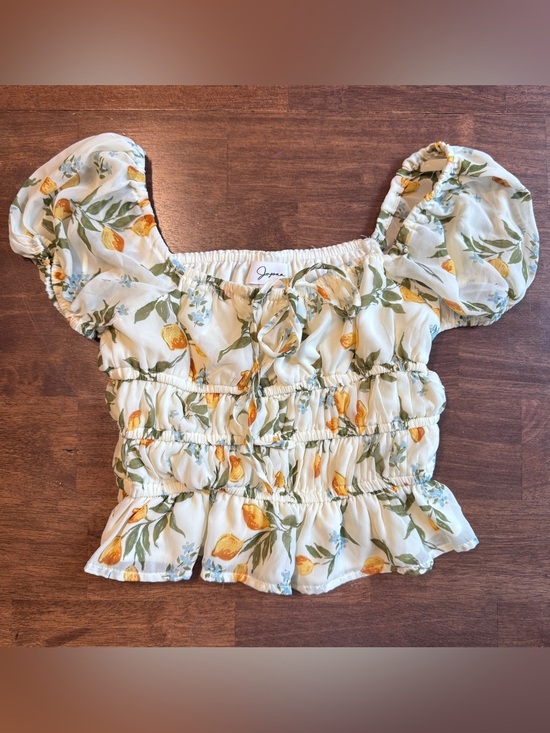 Joya Tops - Joya XS Lemon Floral Puff Sleeve Smocked Peplum Top Tie Front Cottagecore